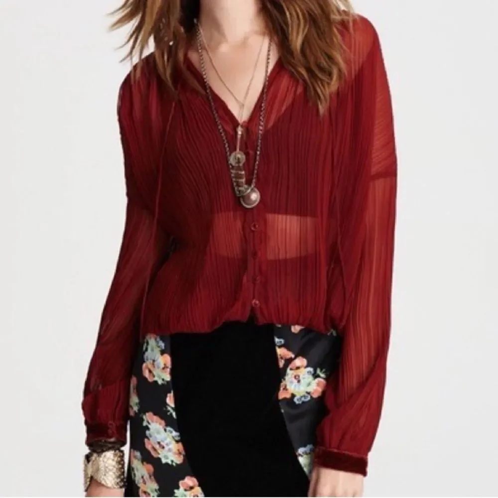 Free People Sheer Peasant Blouse Velvet Brick Red Orange